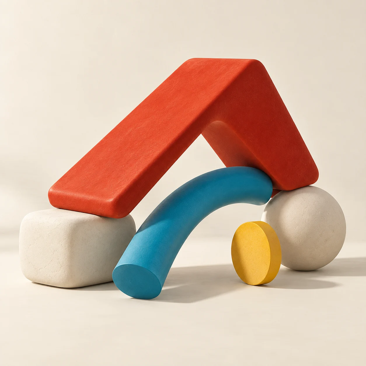 A red folded sculpture balanced on ivory shapes beside a curved cyan form and a yellow disc