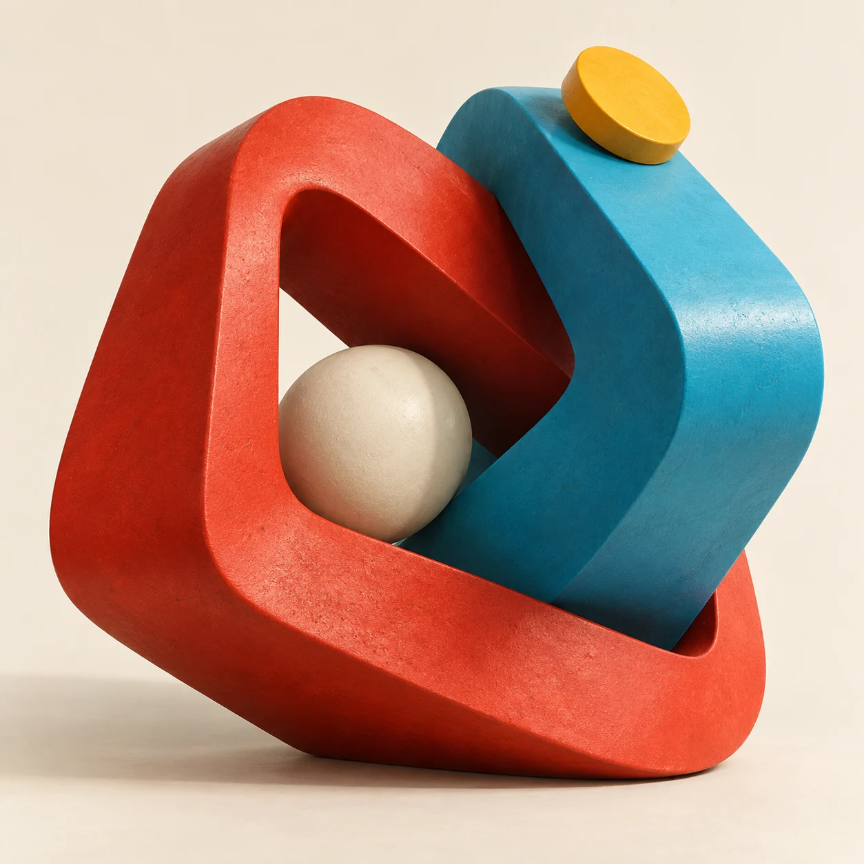 Interlocking red and cyan sculptural forms surrounding an ivory sphere, with a yellow disc on a warm cream background
