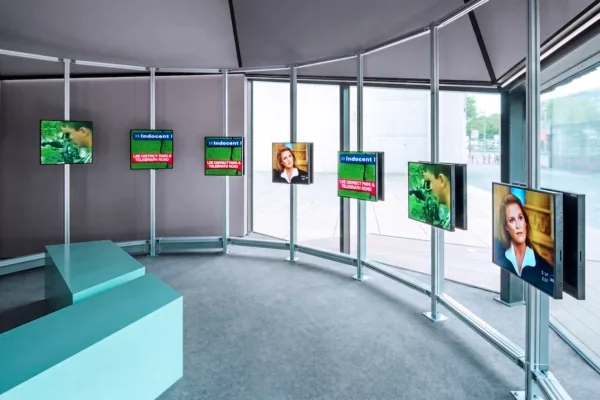 Screens inside the Peace Core Surround installation at Kunstmuseum Bonn