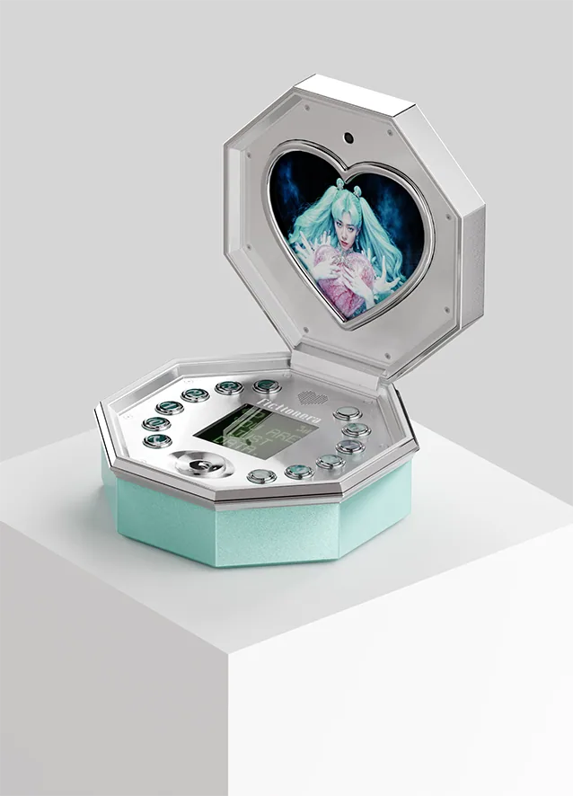 A futuristic heart-shaped compact containing a blue-haired figure, by Emi Kusano