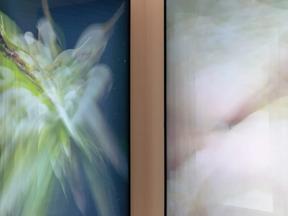 Two luminous abstract video portraits from Libby Heaney's Sip-Nip My-Our Mmmmultiverse