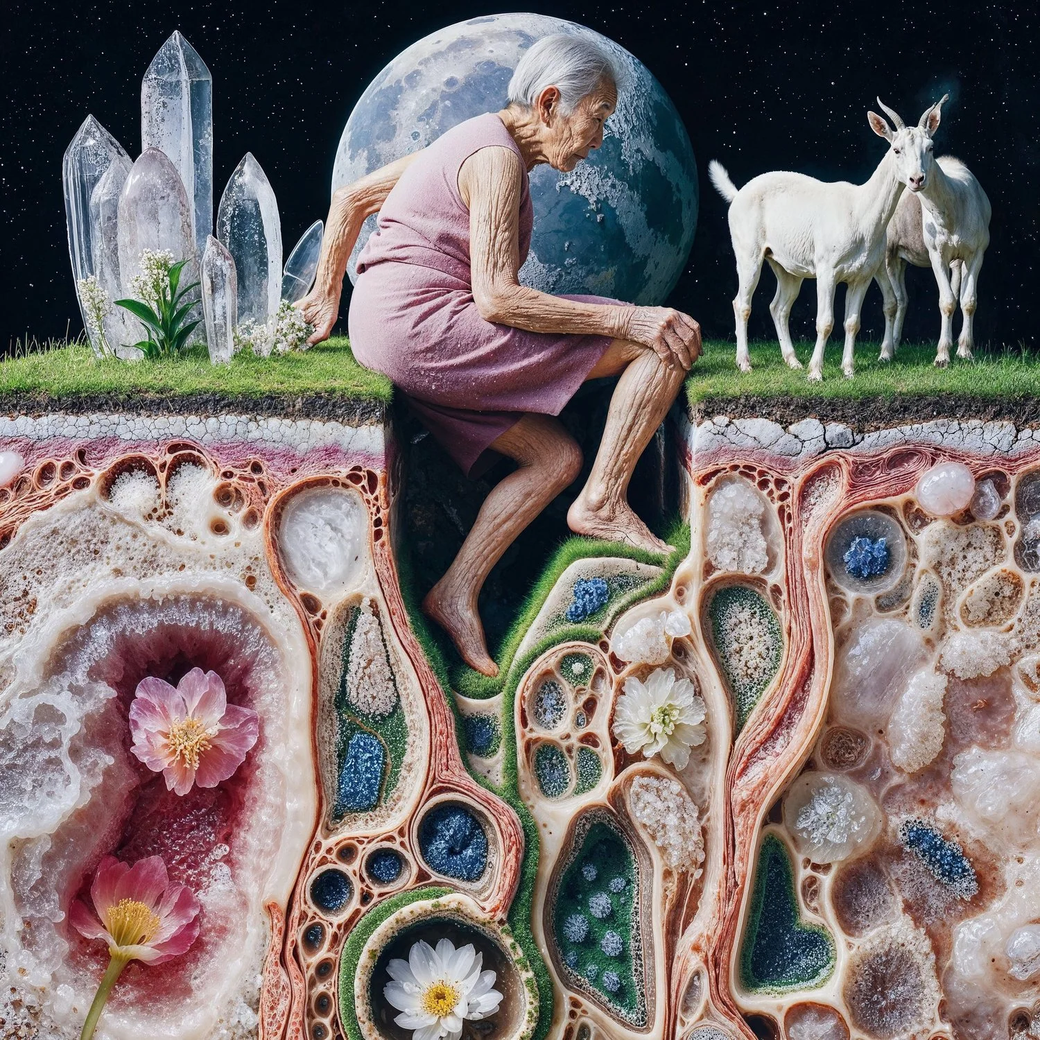 A surreal older woman sits between crystals, two white goats and a moon above a jewel-like underground world