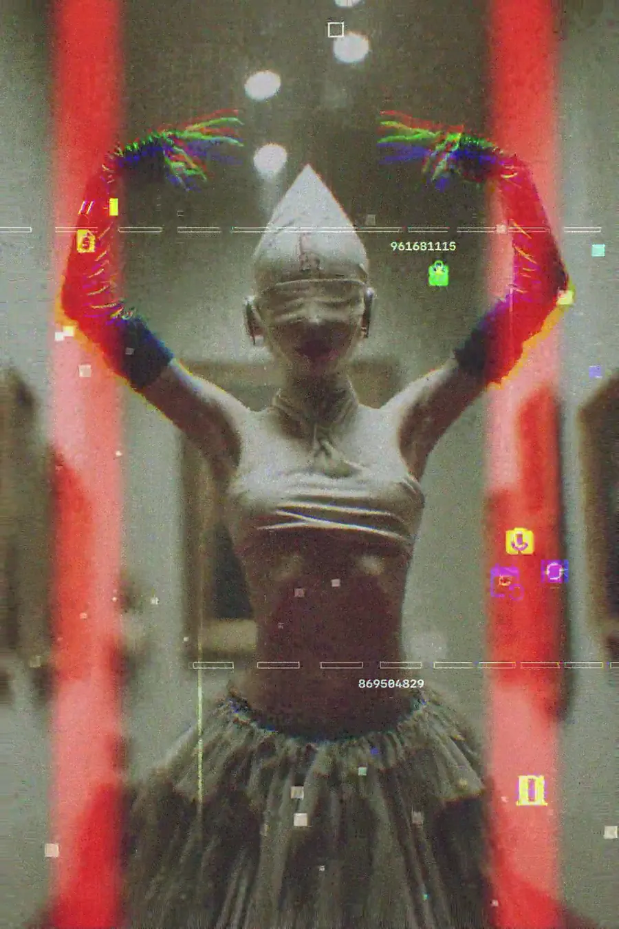 A synthetic figure raising its arms amid red light and digital interference in Recursion by Deconstruct Lab