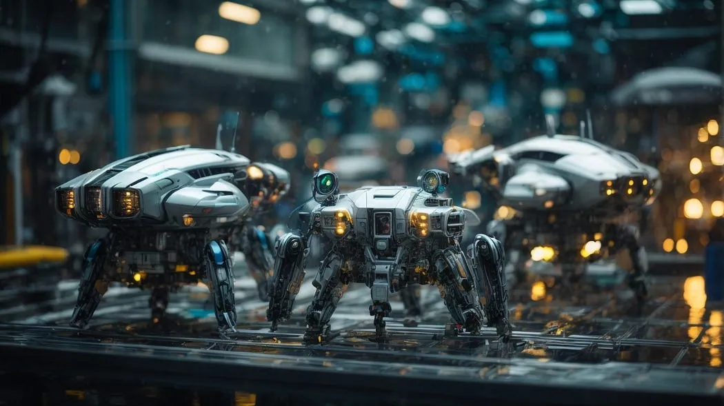 Drie futuristische robots in een natte stadsstraat