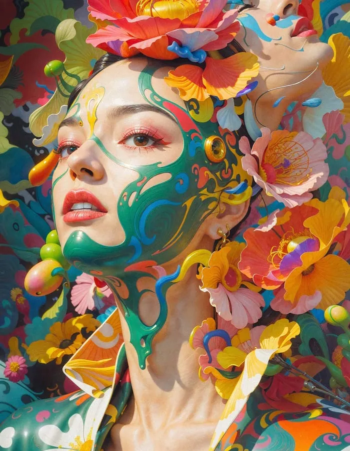 Surrealistisch portret van een vrouw tussen kleurrijke bloemen