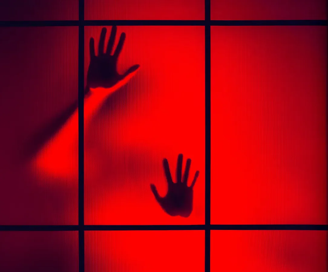 Silhouetten van twee handen achter fel rood verlichte ruiten