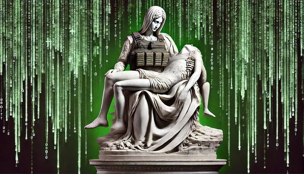 Militaire Pietà voor een achtergrond van groene computercode