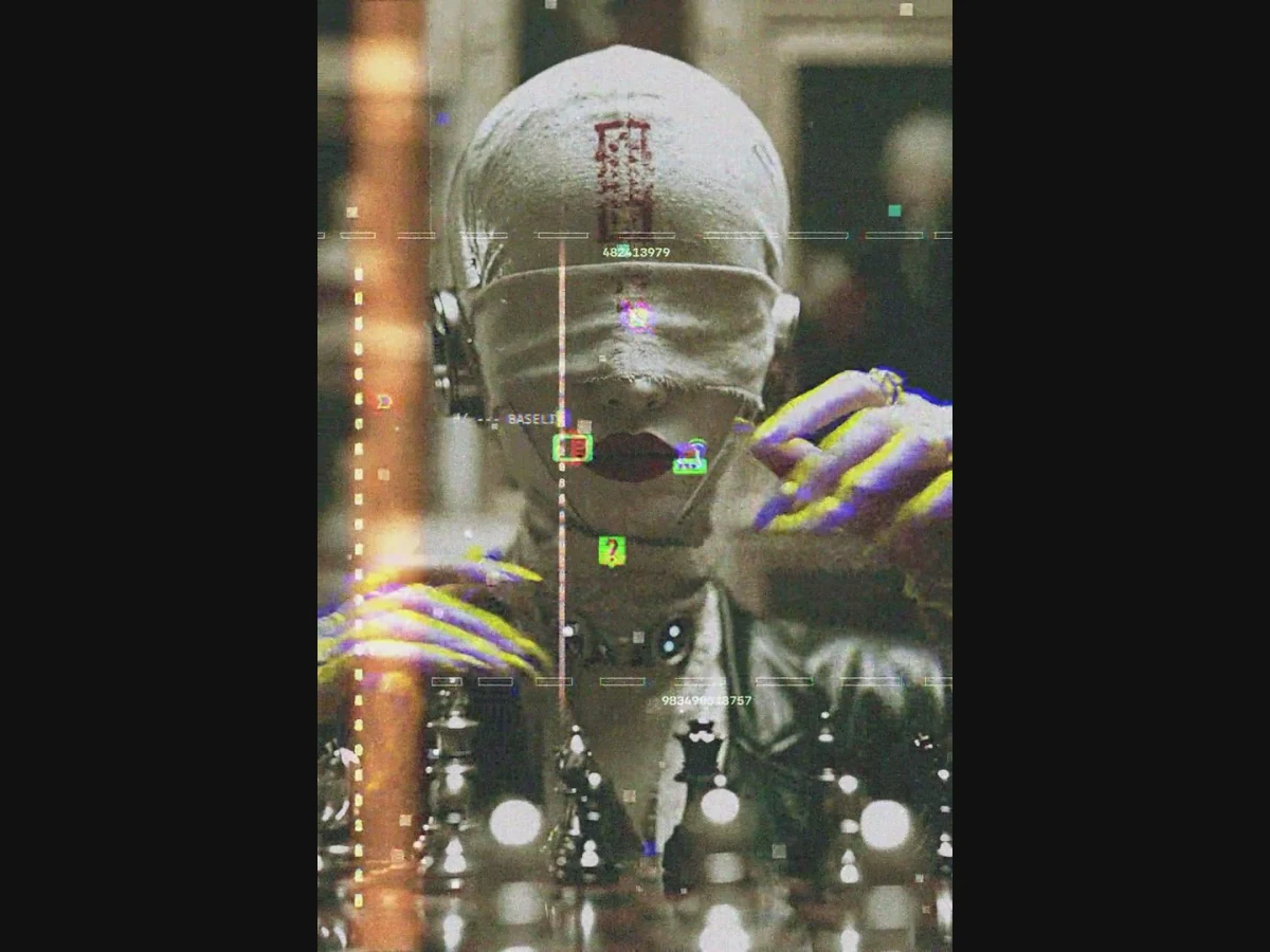 Magnifica Intelligentia by Deconstruct Lab: a synthetic face and hands amid digital interference