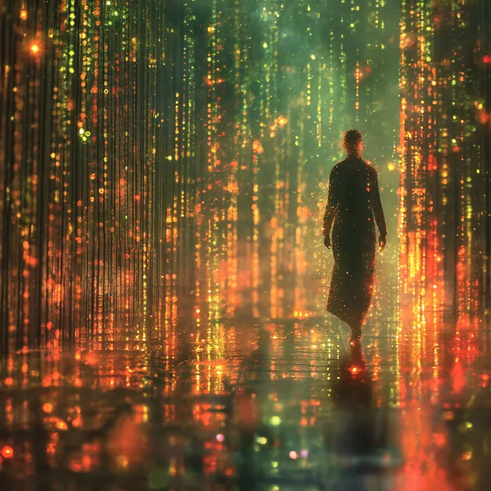 Een silhouet loopt door een groen en oranje landschap van lichtgevende datalijnen