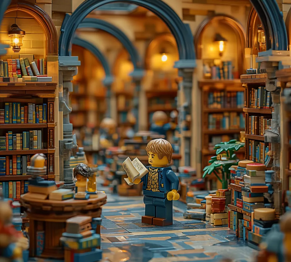 Een Lego-figuur leest in een grote bibliotheek vol boeken
