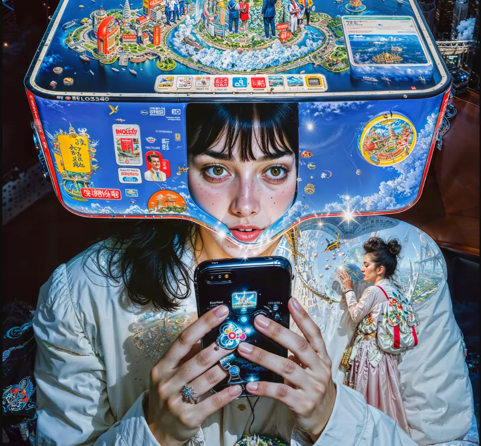 Een vrouw kijkt naar haar telefoon in een surrealistische, volledig verbonden digitale wereld