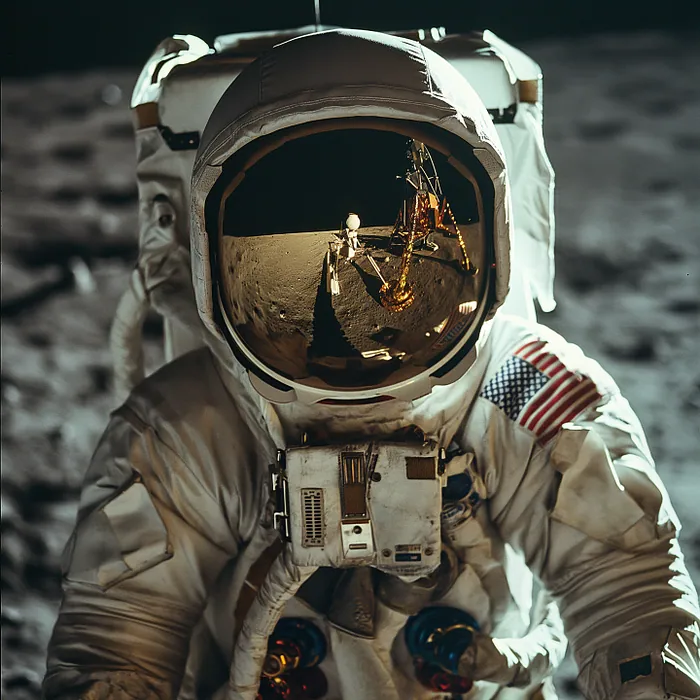 Een astronaut op de maan met de maanlander weerspiegeld in het vizier