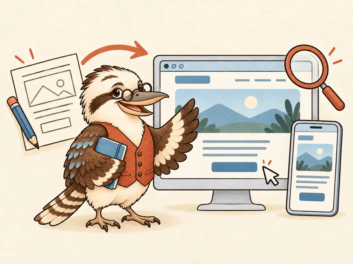 Kooka, een vriendelijke kookaburra-gids, naast een geïllustreerd stappenplan om een website te bouwen.