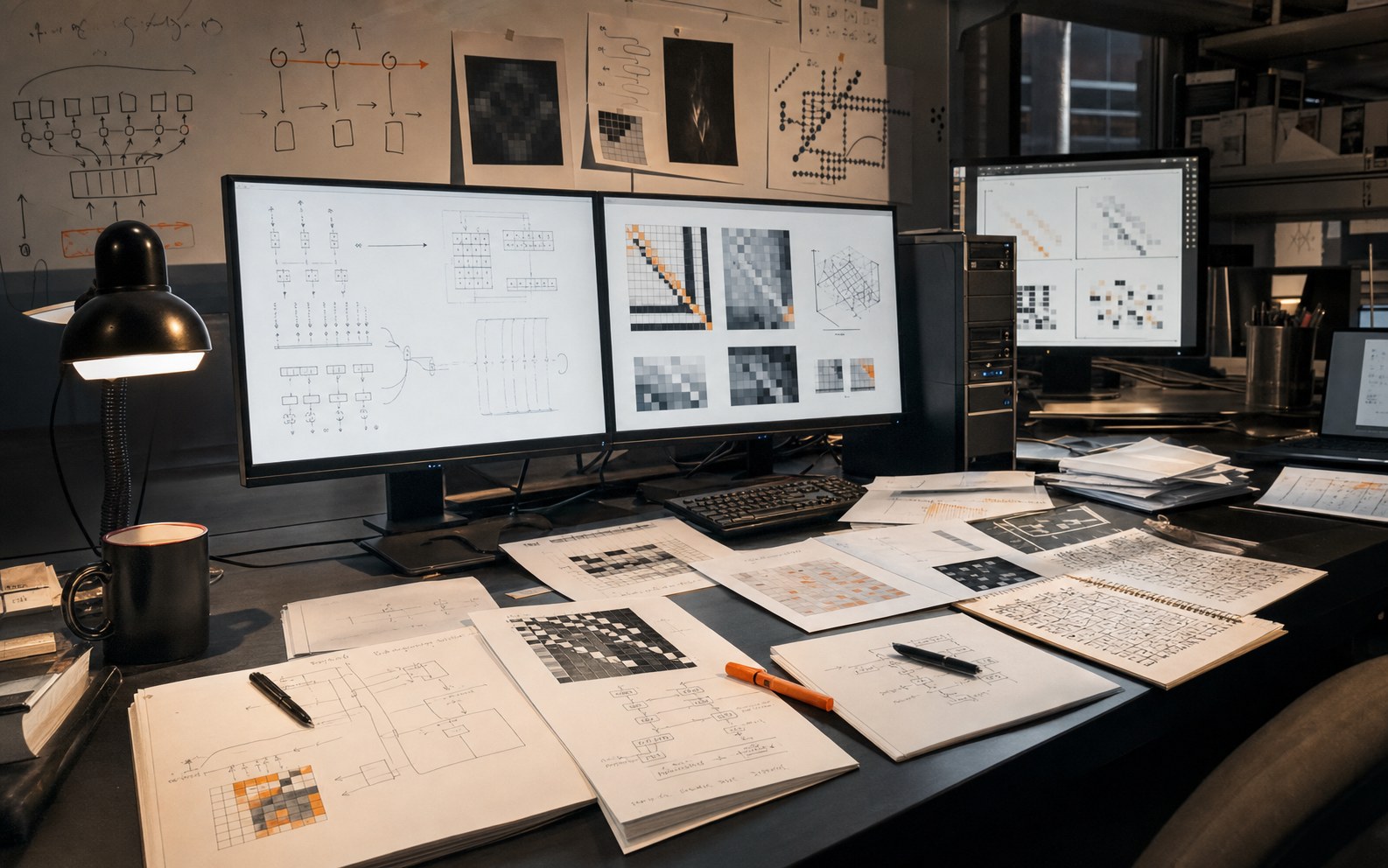 Editorial reconstruction of a 2017 machine-learning lab with GPU workstations, translation diagrams, and attention matrices
