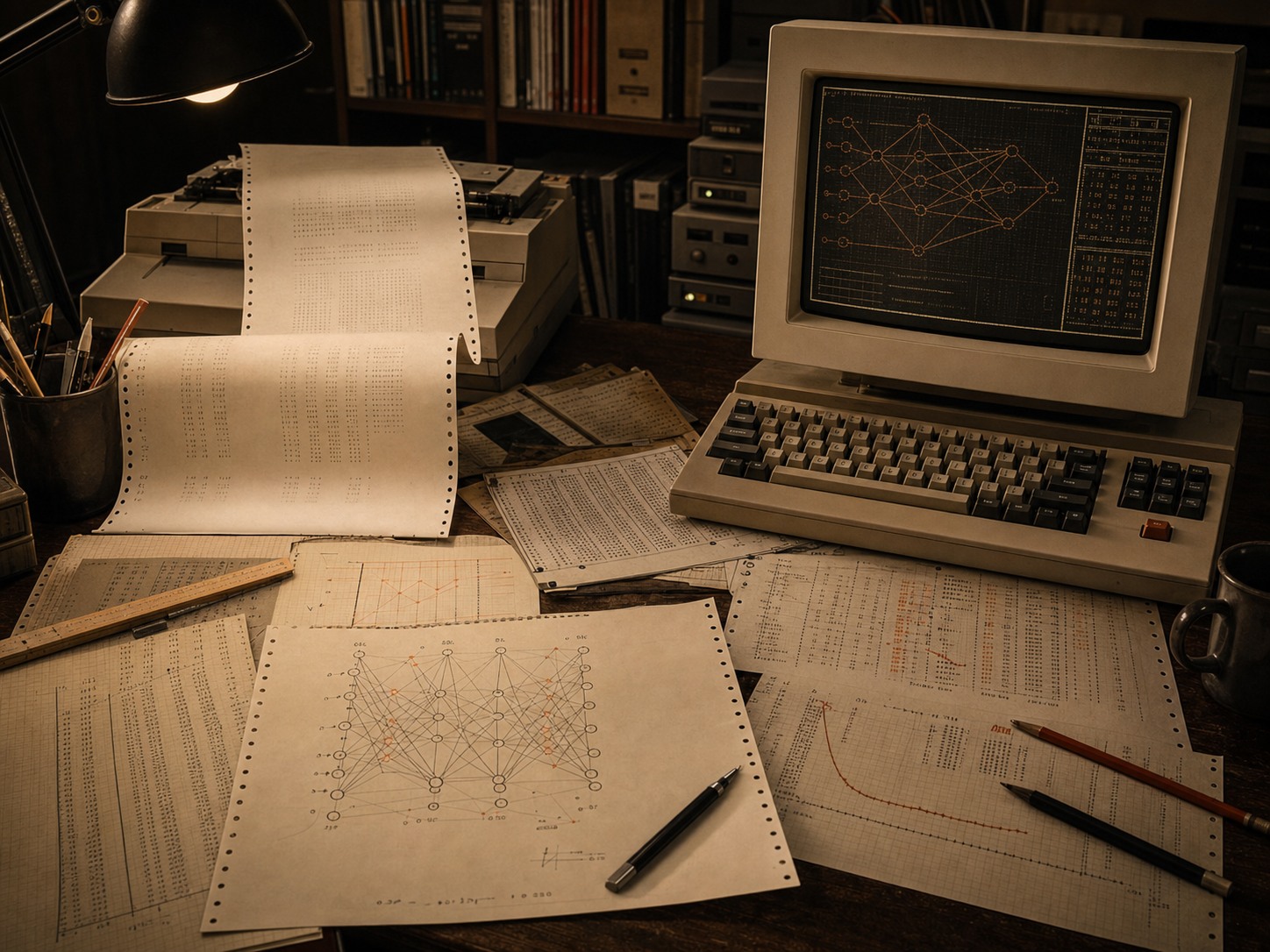 Editorial reconstruction of a mid-1980s research desk with a terminal, network diagrams, printouts, and loss curves