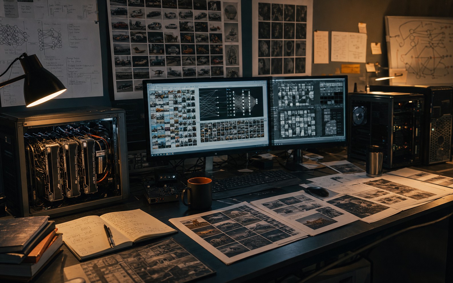 Editorial reconstruction of an early-2010s machine-learning lab with GPU workstations, image datasets, and neural-network diagrams