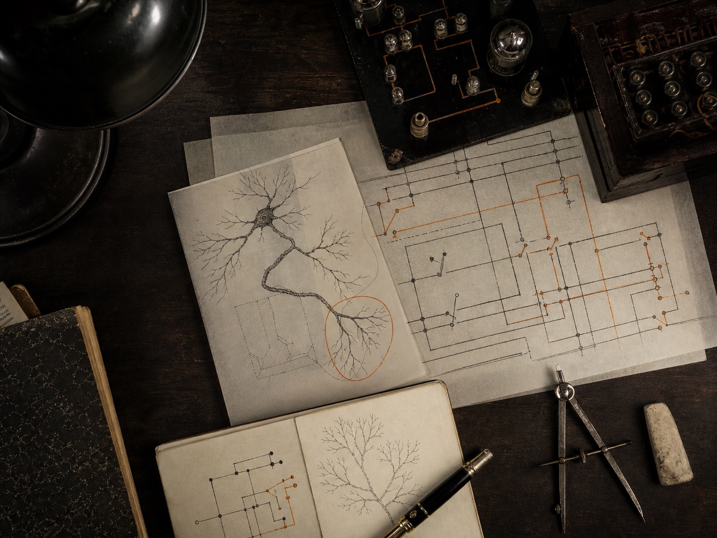 Editorial reconstruction of a 1940s worktable where a neuron sketch meets switching circuit diagrams