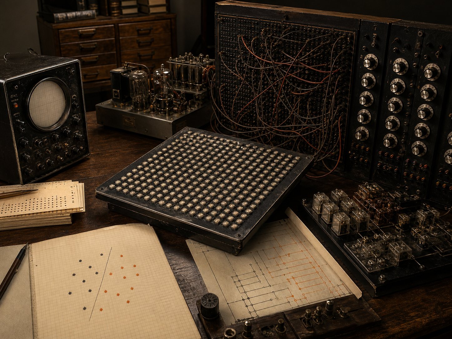 Editorial reconstruction of a 1950s perceptron workspace with a sensor grid, patchboard, relays, and adjustable dials