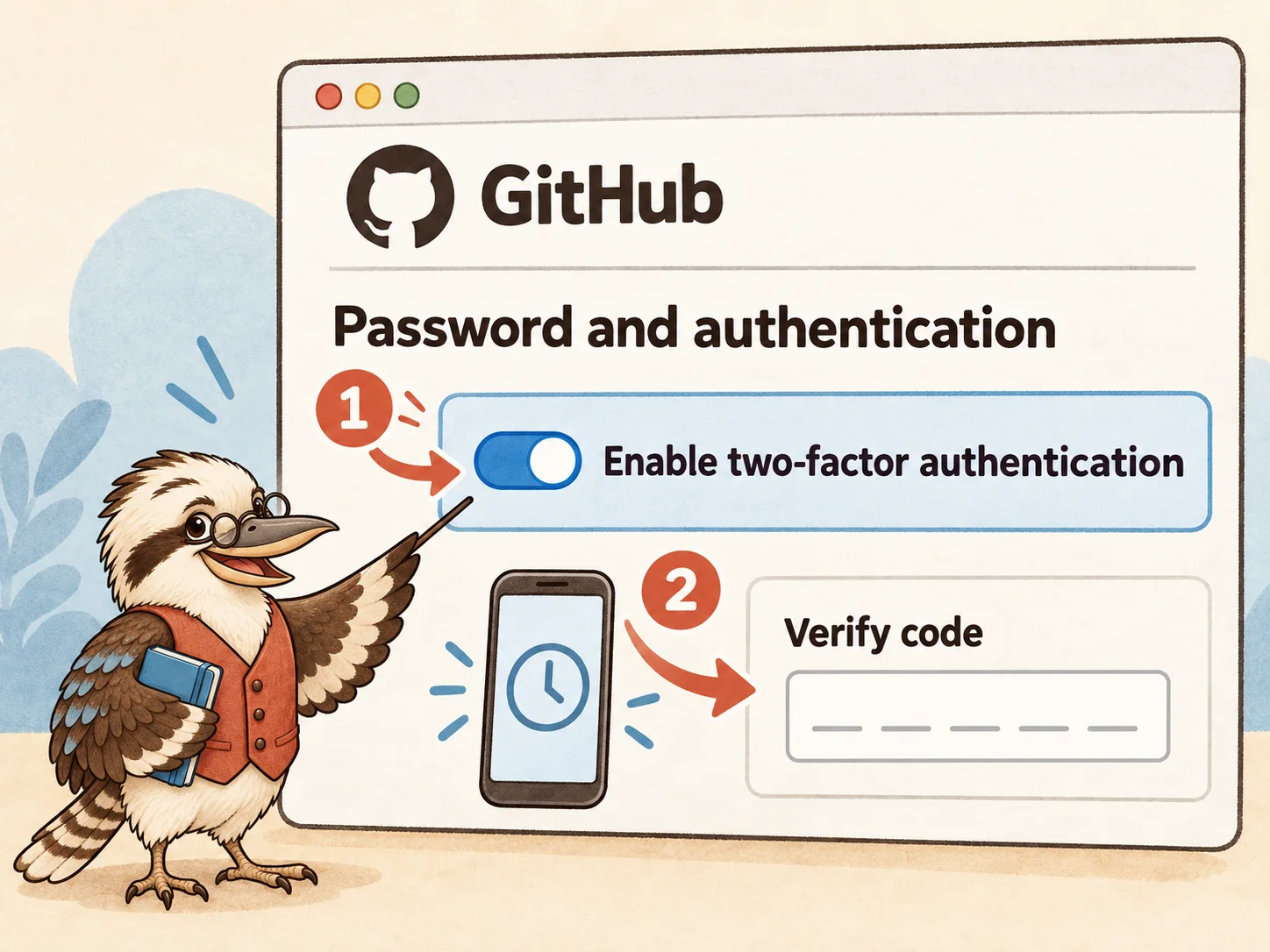 Illustration: link an authenticator app through GitHub's two-factor authentication settings.