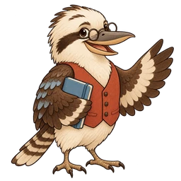 Kooka, a friendly kookaburra teacher wearing glasses and holding a blue notebook.